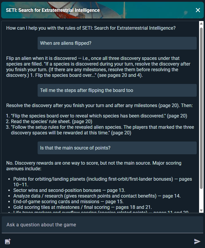 AI Game Assistant chat interface with a rules question