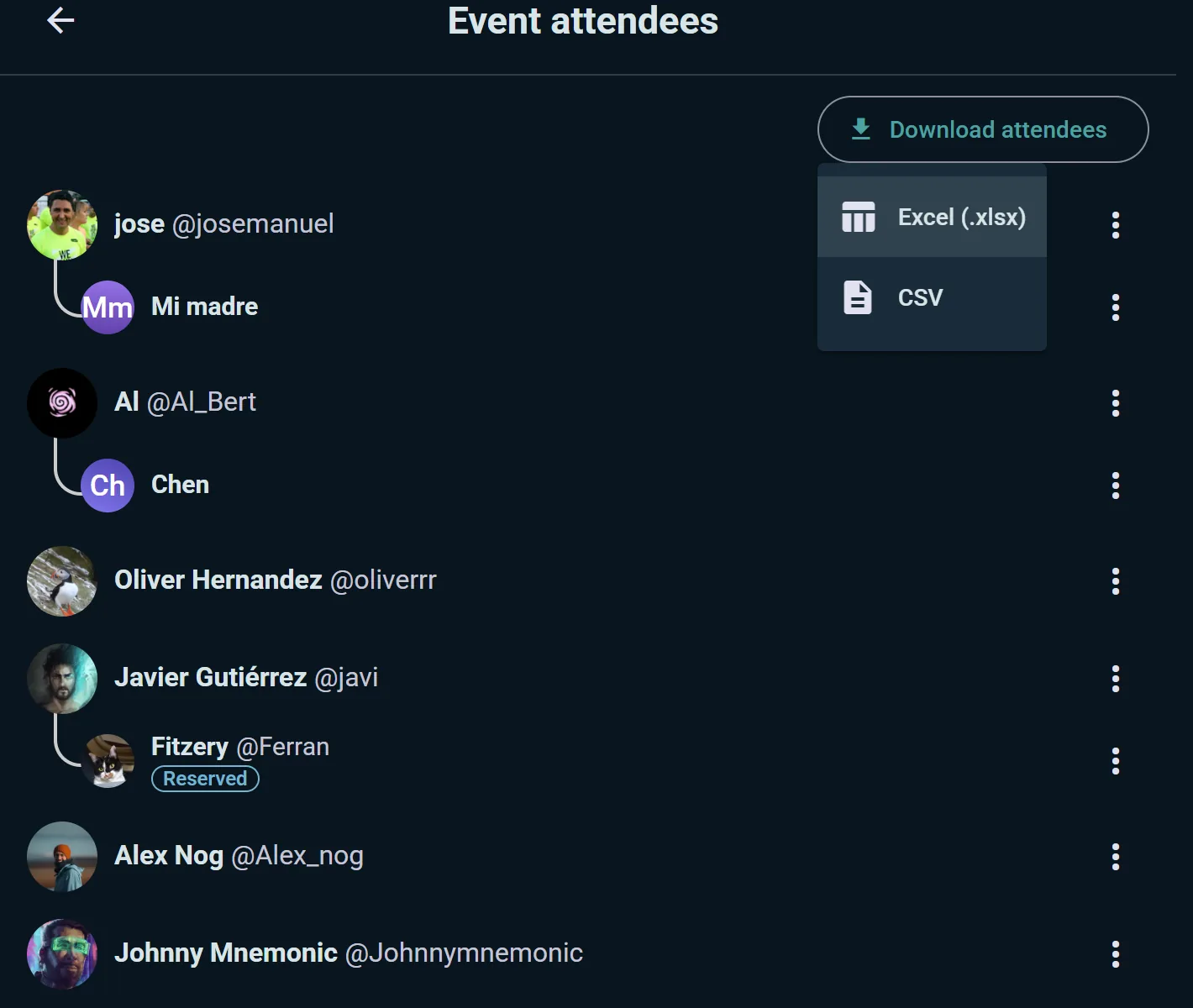 The attendees page with the Download attendees menu open: Excel (.xlsx) or CSV