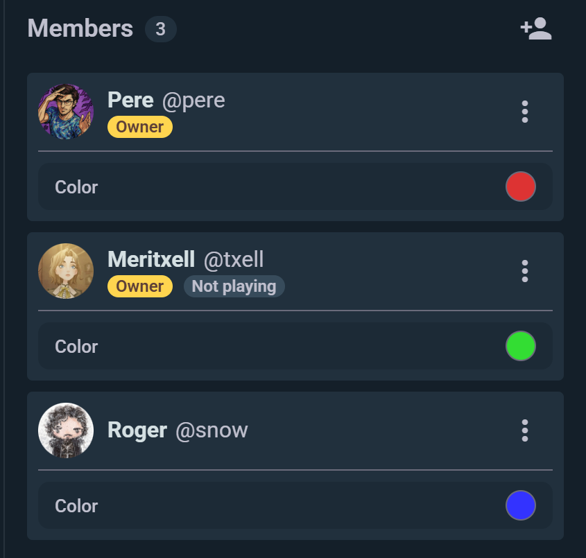 The member list: owners, a member, a GM marked "Not playing", and each player's colour