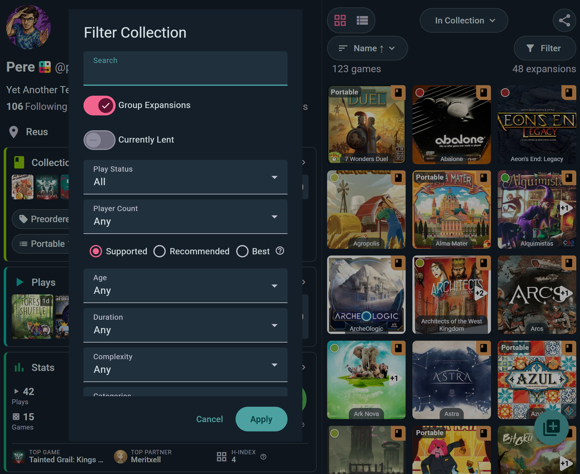 The collection filter sheet with search, play status, player count, age, duration, complexity and categories