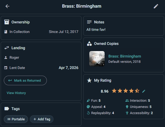 My Info page showing ownership, tags, ratings, and lending status