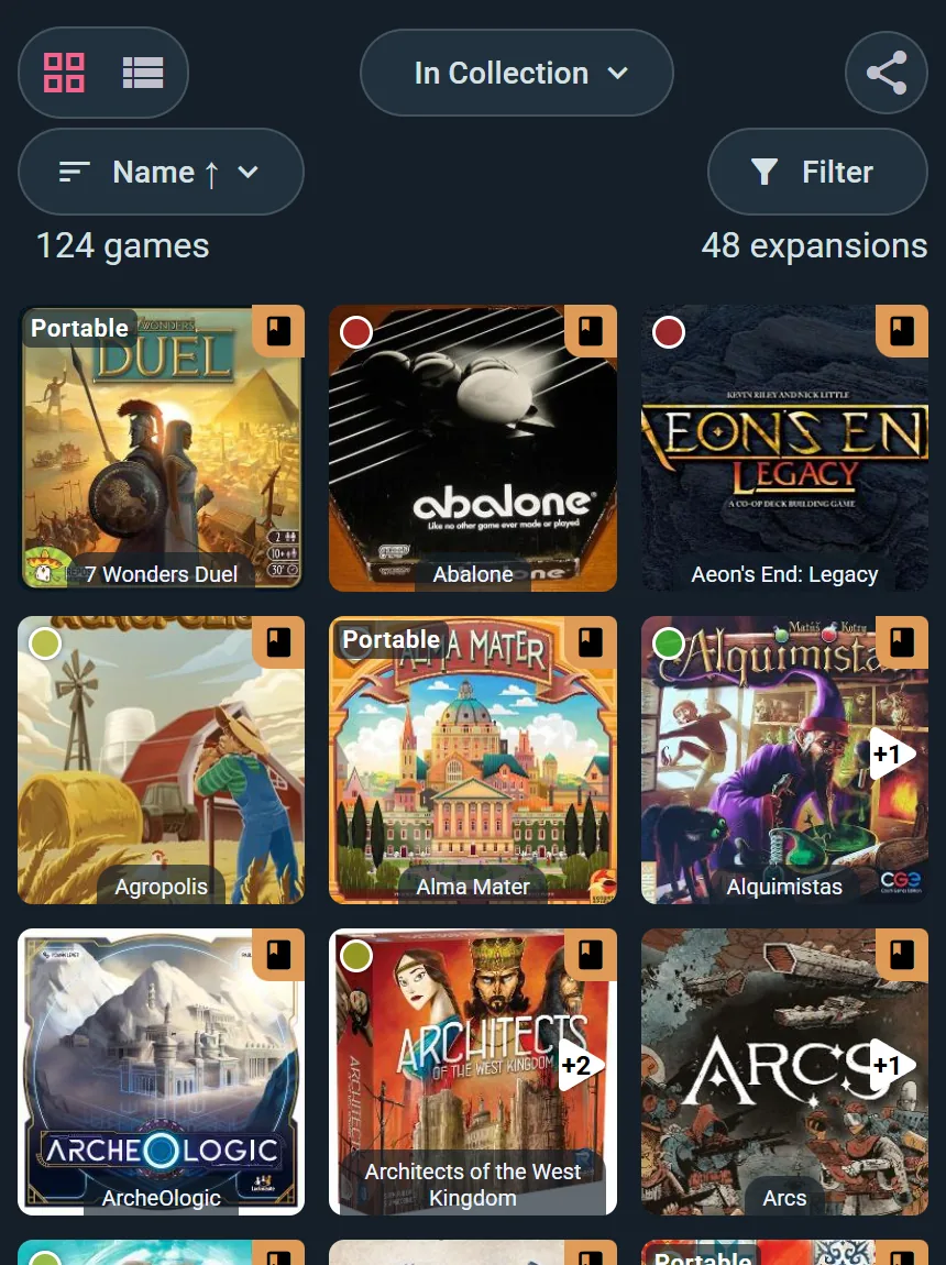 The imported collection in grid view, cover art and ownership chips