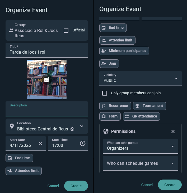 Event creation form