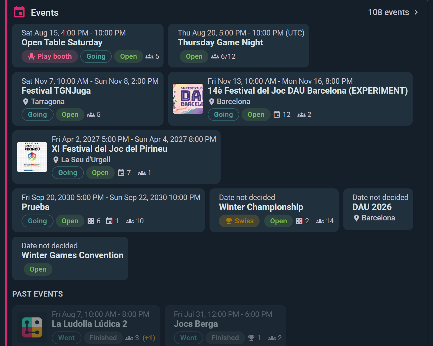Your events at a glance, with status chips from Open to Finished