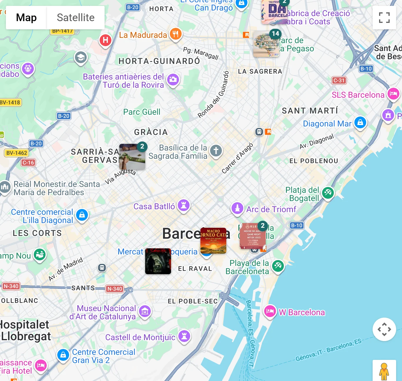 The events map with game nights and festivals pinned across the region