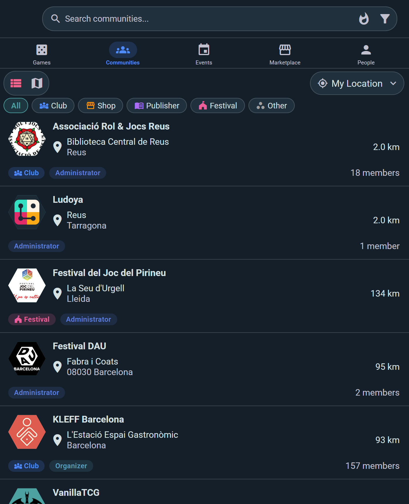 Explore Communities with search, type filters, and map view