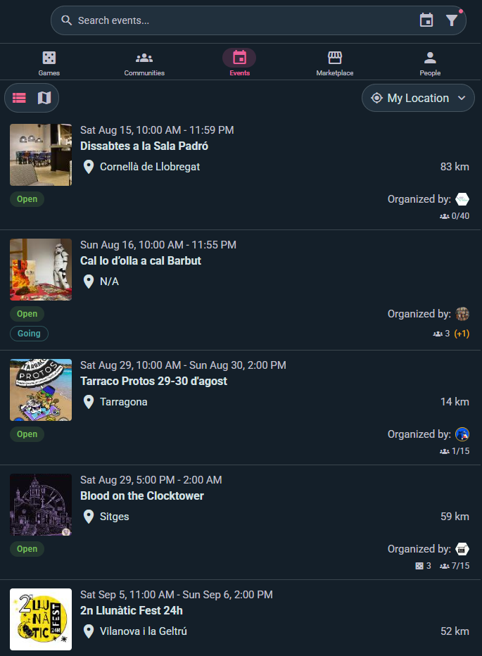 Nearby events in Explore, with dates, venues, distance and who's organizing