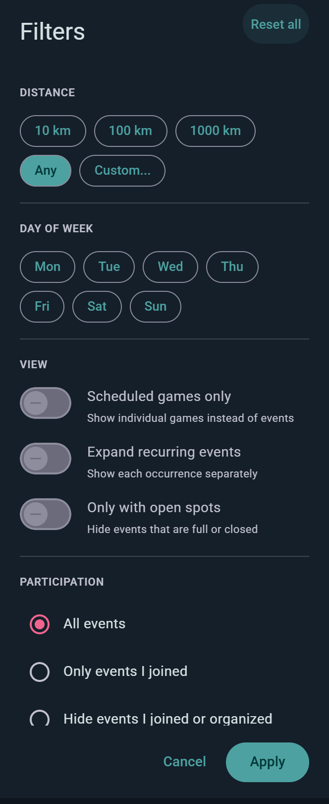 The Events filter sheet: distance presets, view toggles and participation