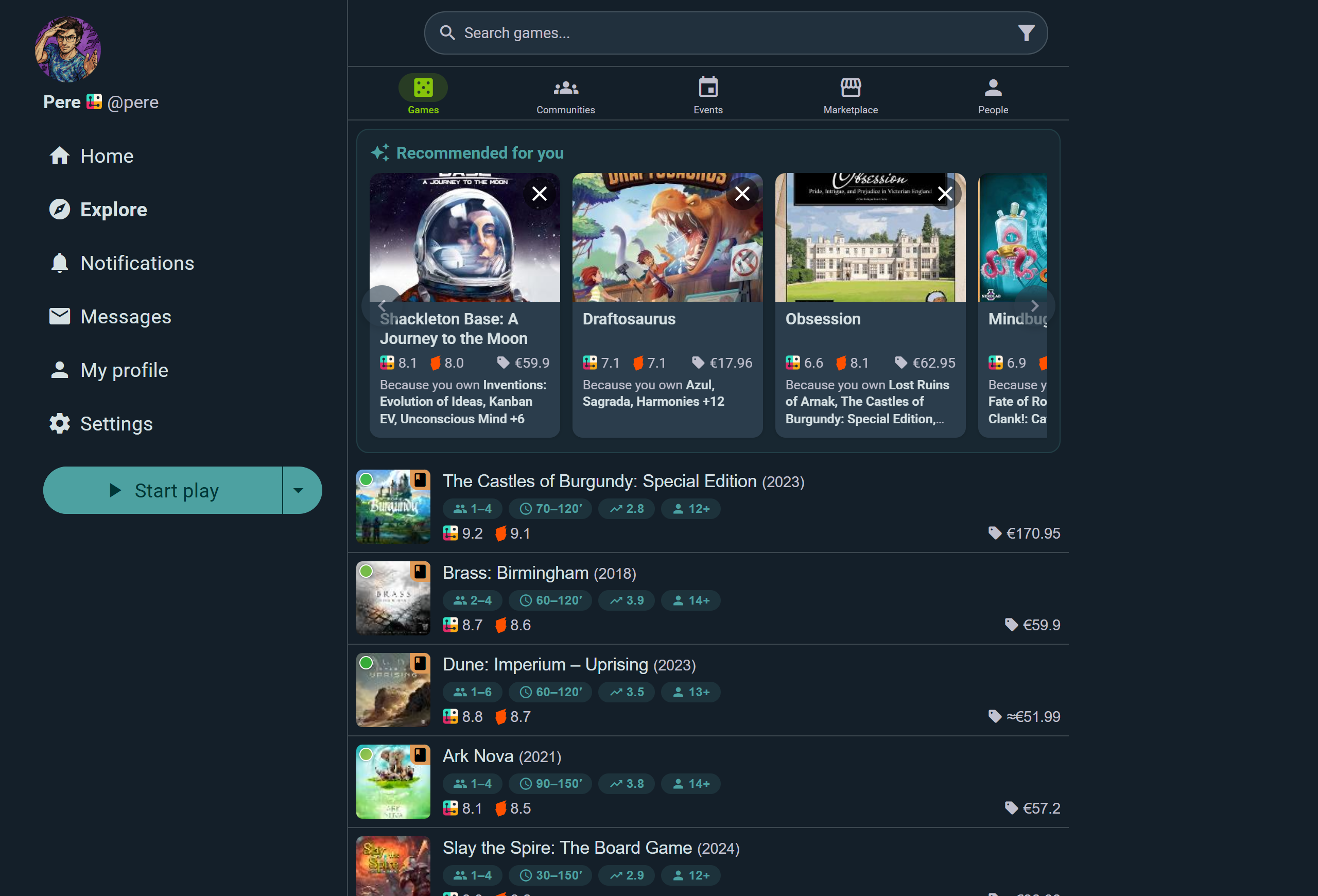 The Games tab, with personal recommendations above the catalog listing