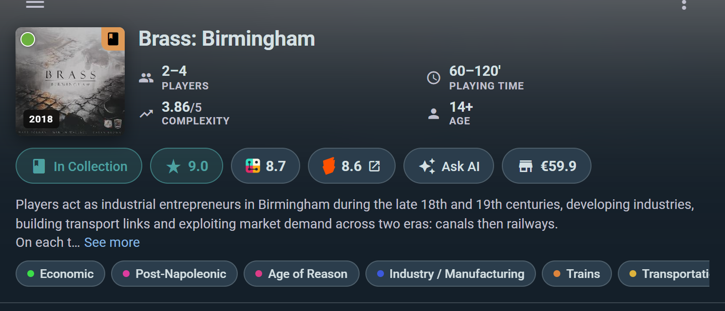 A game page header: ratings, price, Ask AI, description and tags
