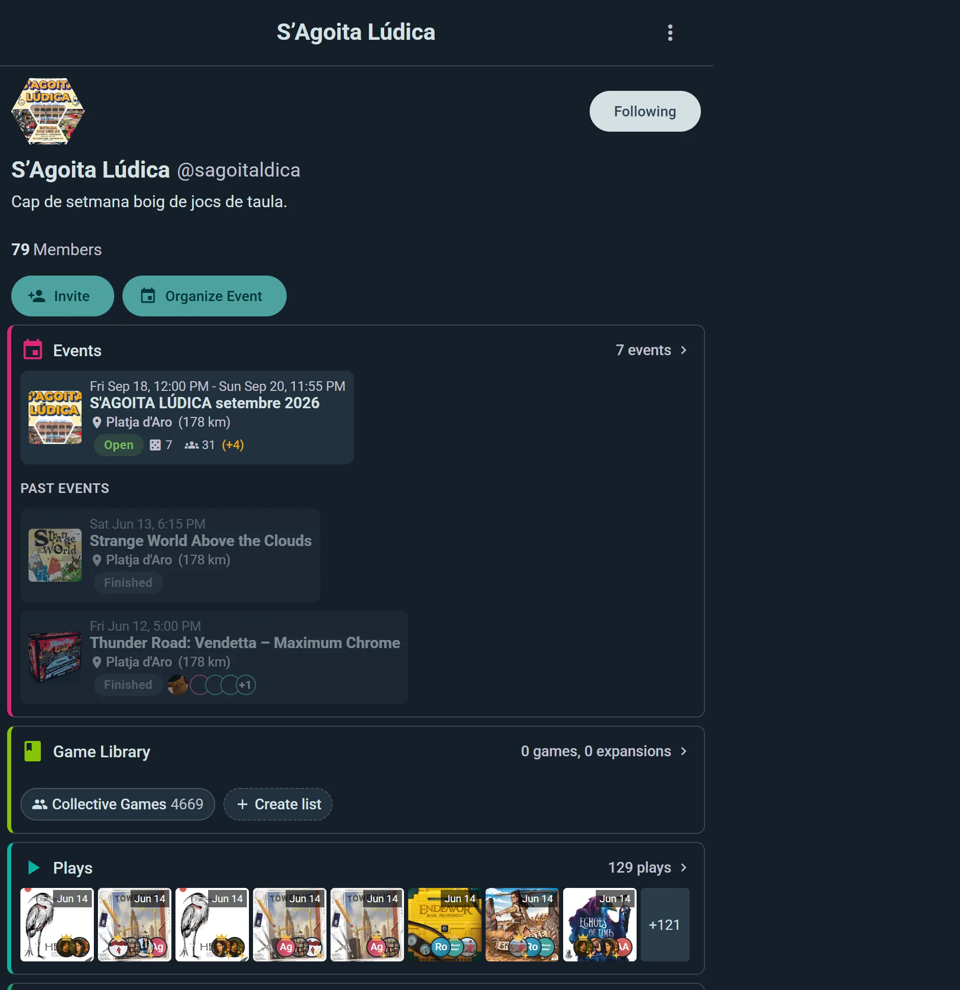 A club profile on Ludoya — 79 members, upcoming events, library and plays