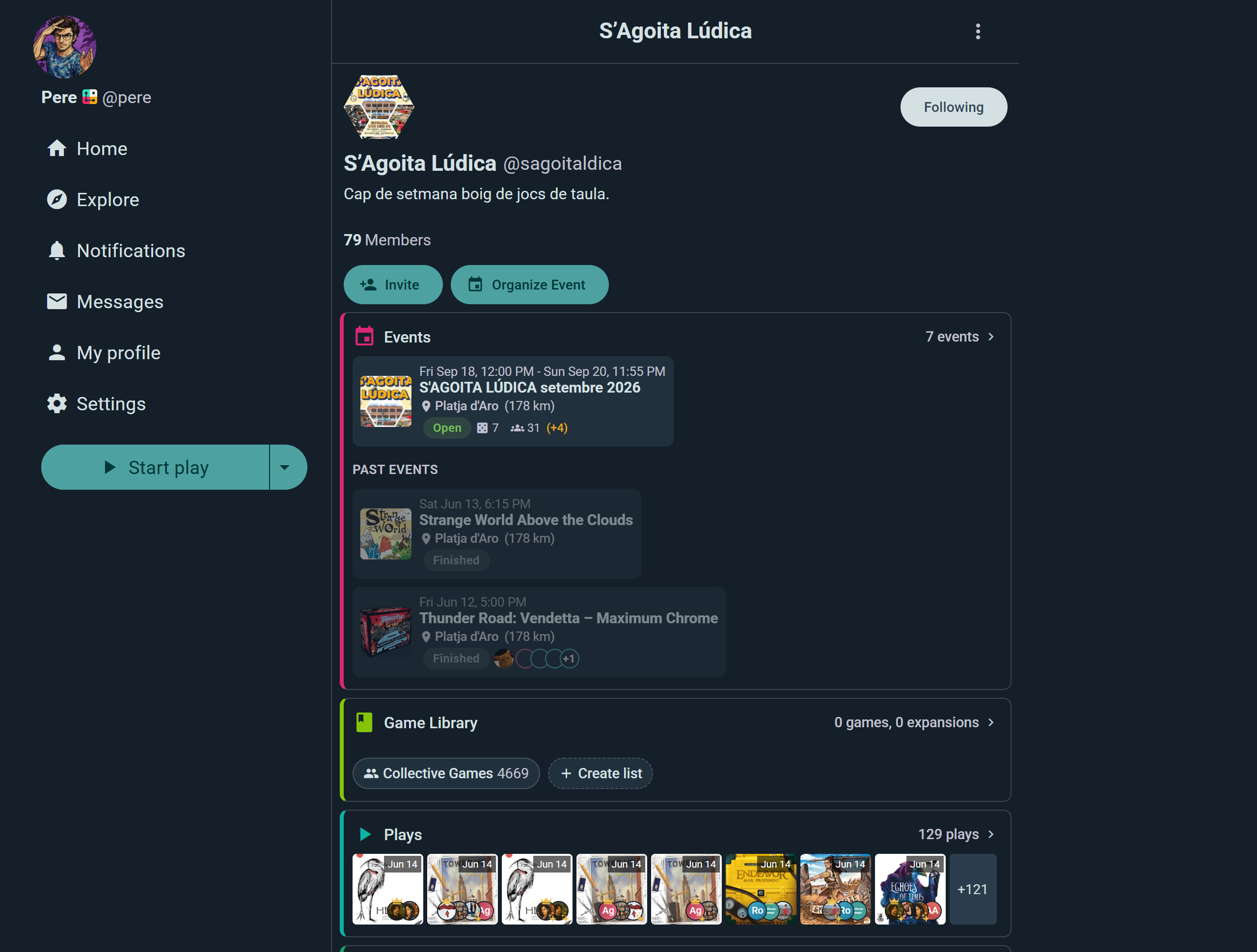 Group page with members, feed, and upcoming events