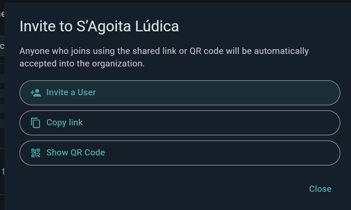 The invite dialog with user invite, link, and QR code options