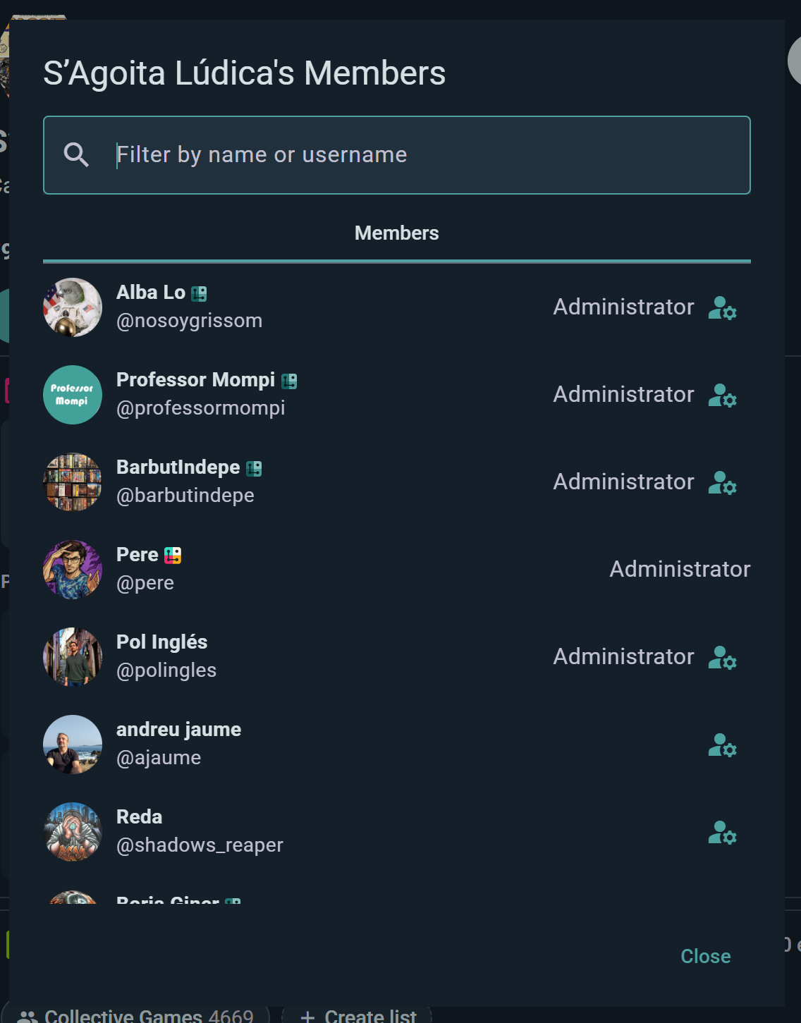 The member list with roles and per-member manage buttons