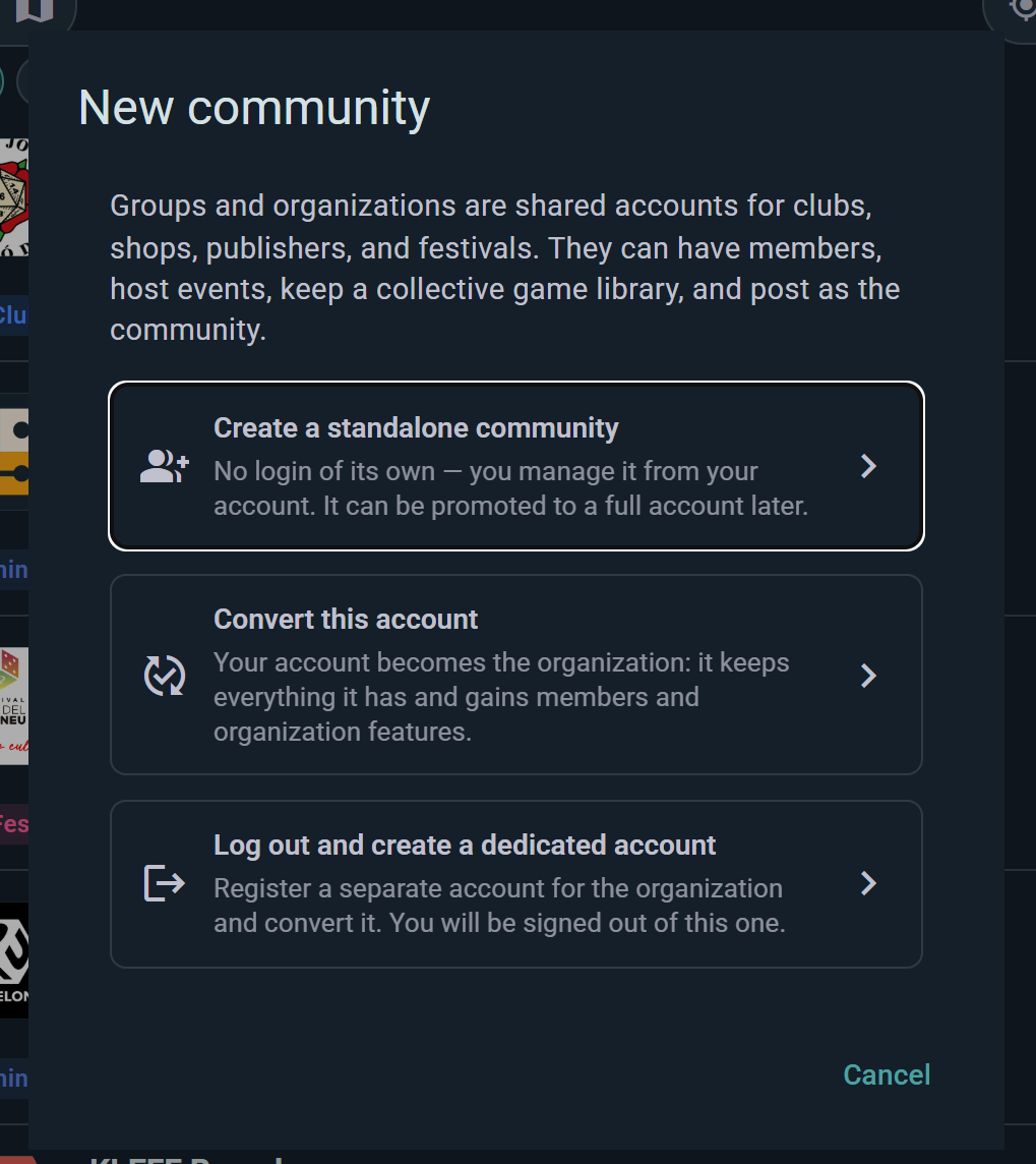 The New community dialog with its three creation routes