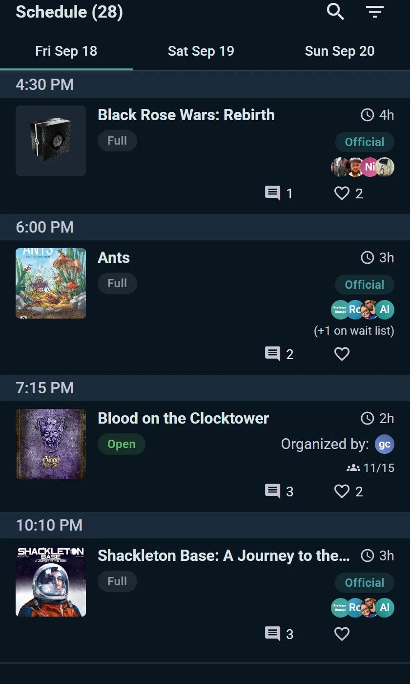 A convention schedule filling up: day tabs, time slots, Full tags and a waitlist