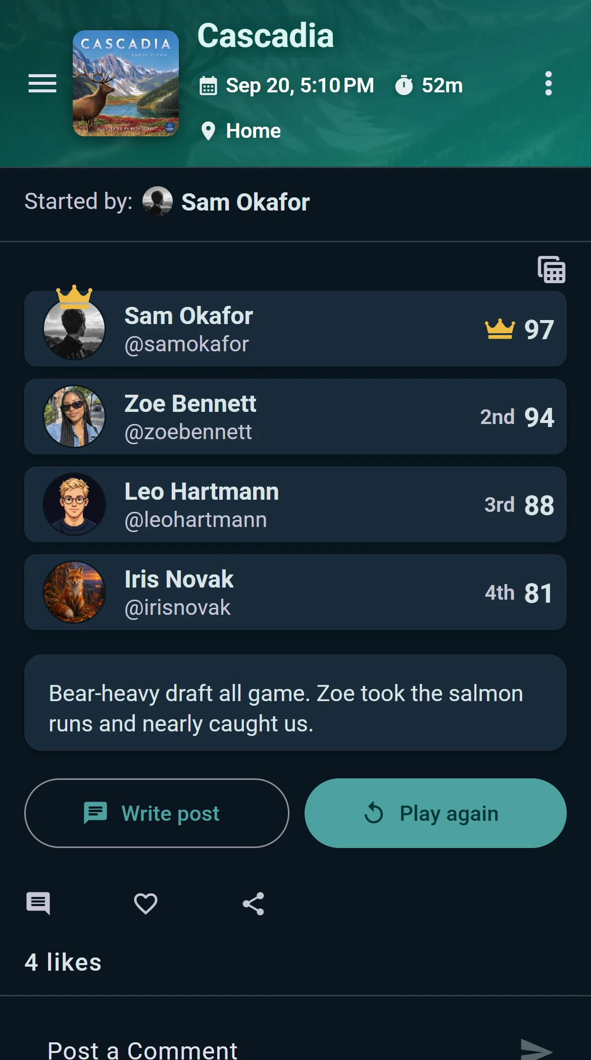 A logged play with a photo of the table, players and scores