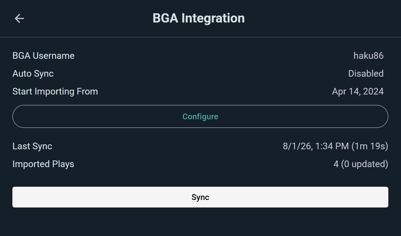 The Board Game Arena integration: your linked BGA username, the date to start importing from, and your last sync