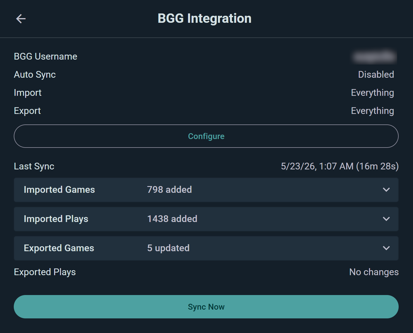 The BGG integration screen: your linked username, what imports and exports, and the last sync with how many games and plays came across