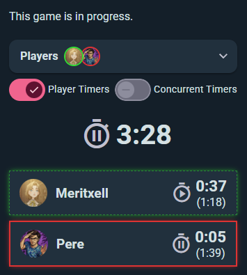 Per-player timer panels with turn and total times