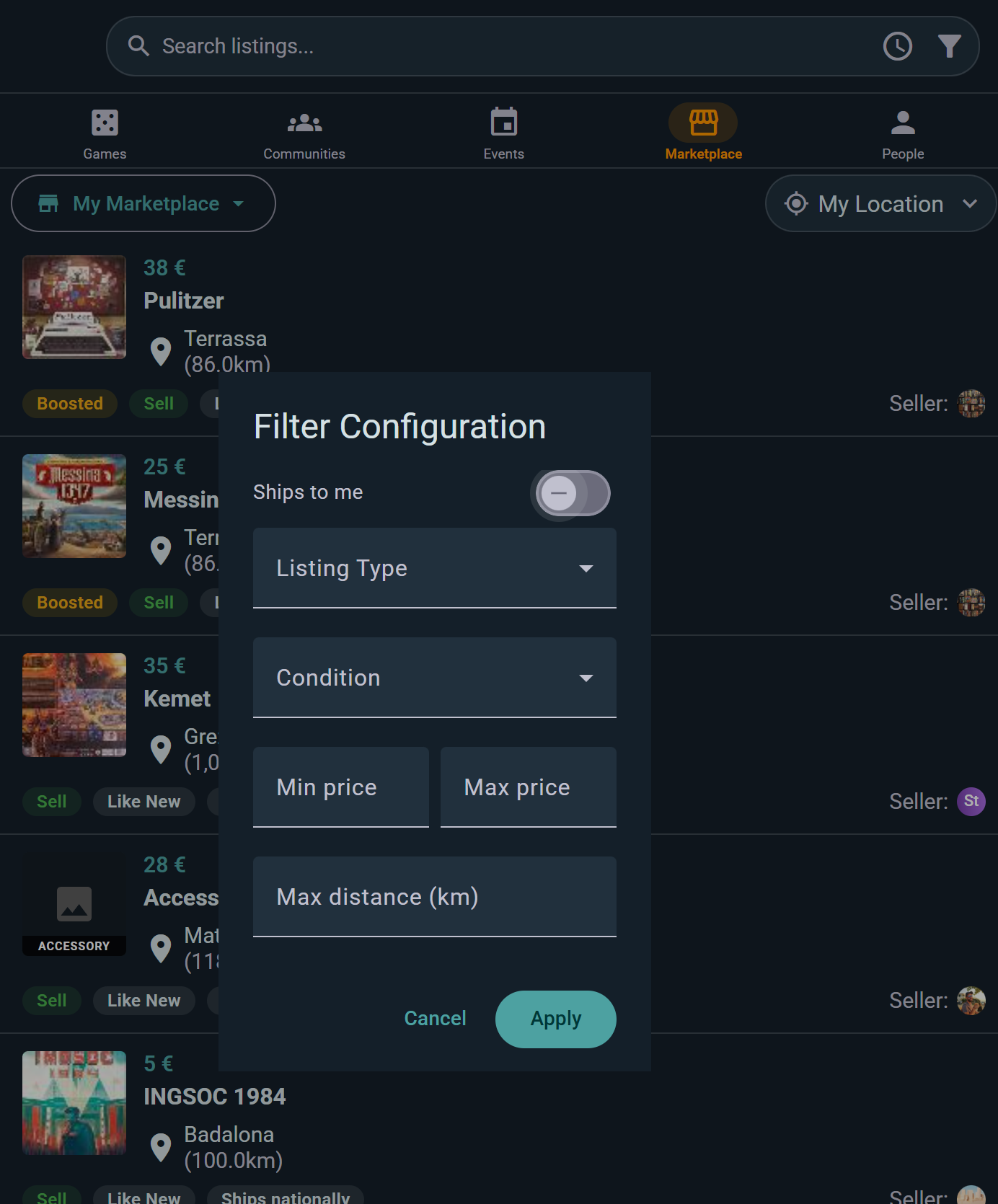 The filter panel: narrow by listing type, condition, shipping, price and distance