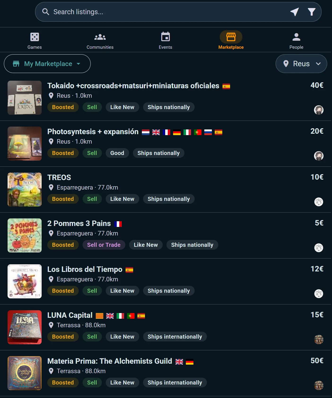 Marketplace listings near Reus — prices, distance, condition and shipping chips on every card