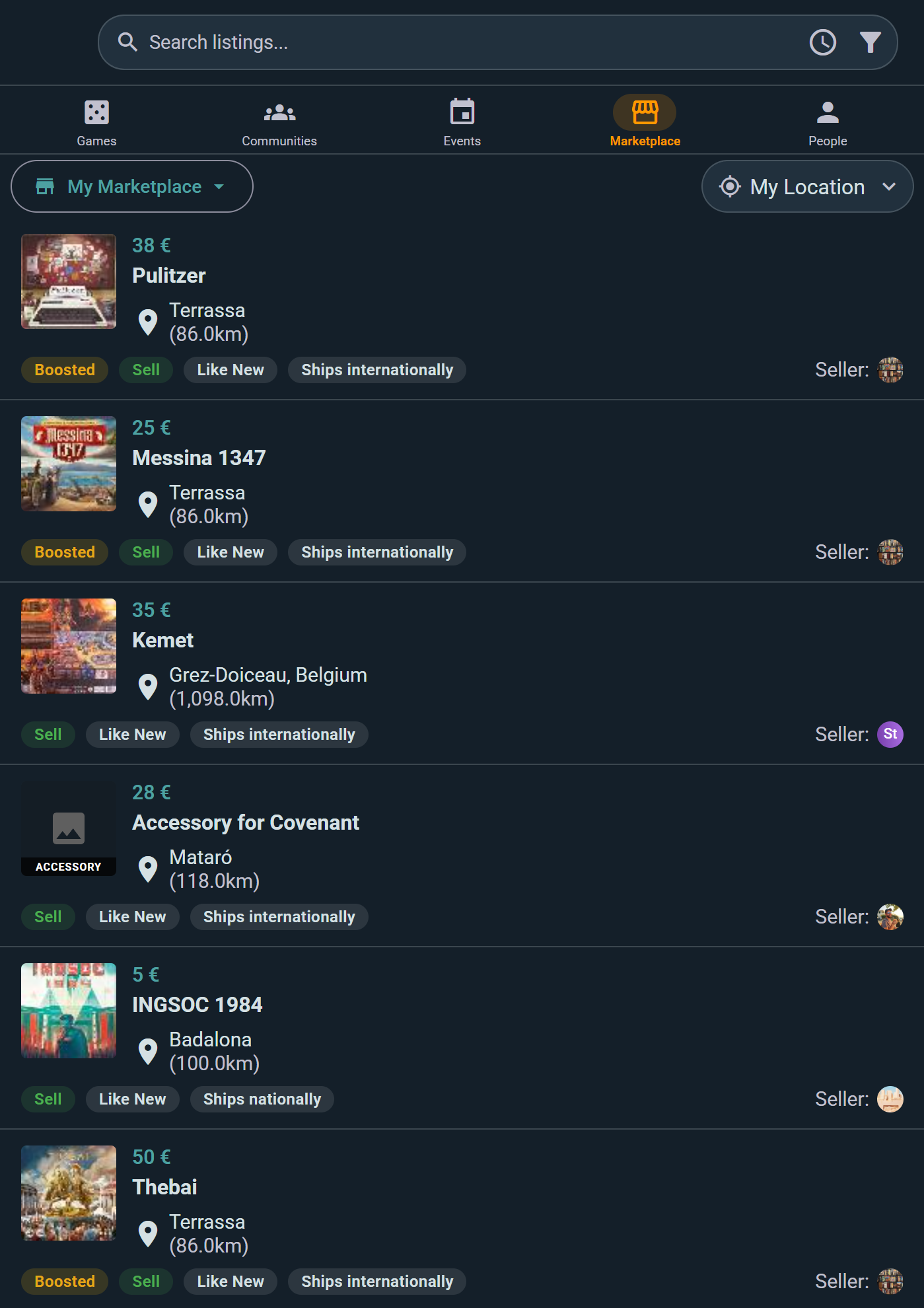 Marketplace listings near a city, each showing price, distance and condition