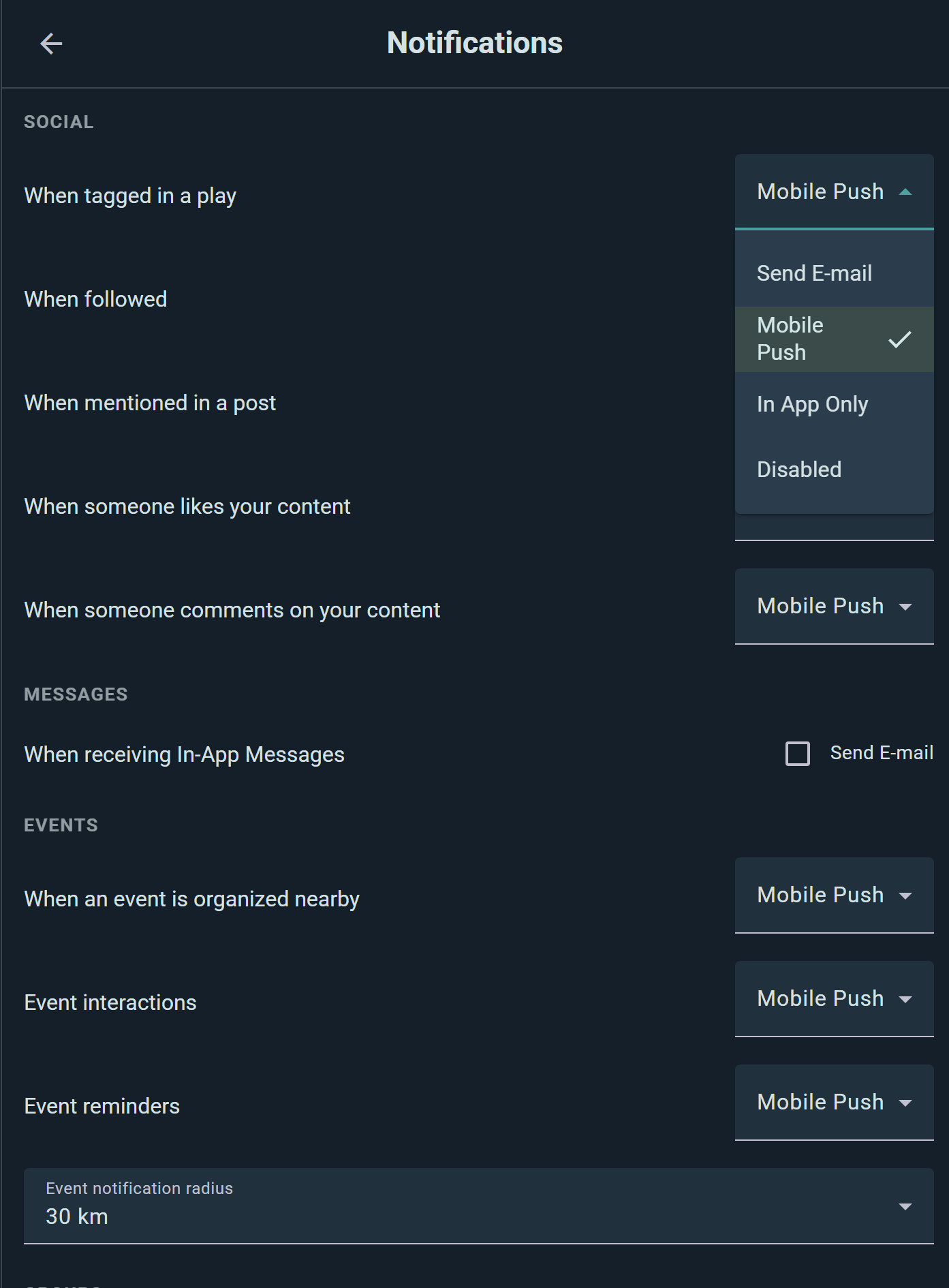 Notification settings: pick a delivery channel — e-mail, push, in-app or off — for every topic