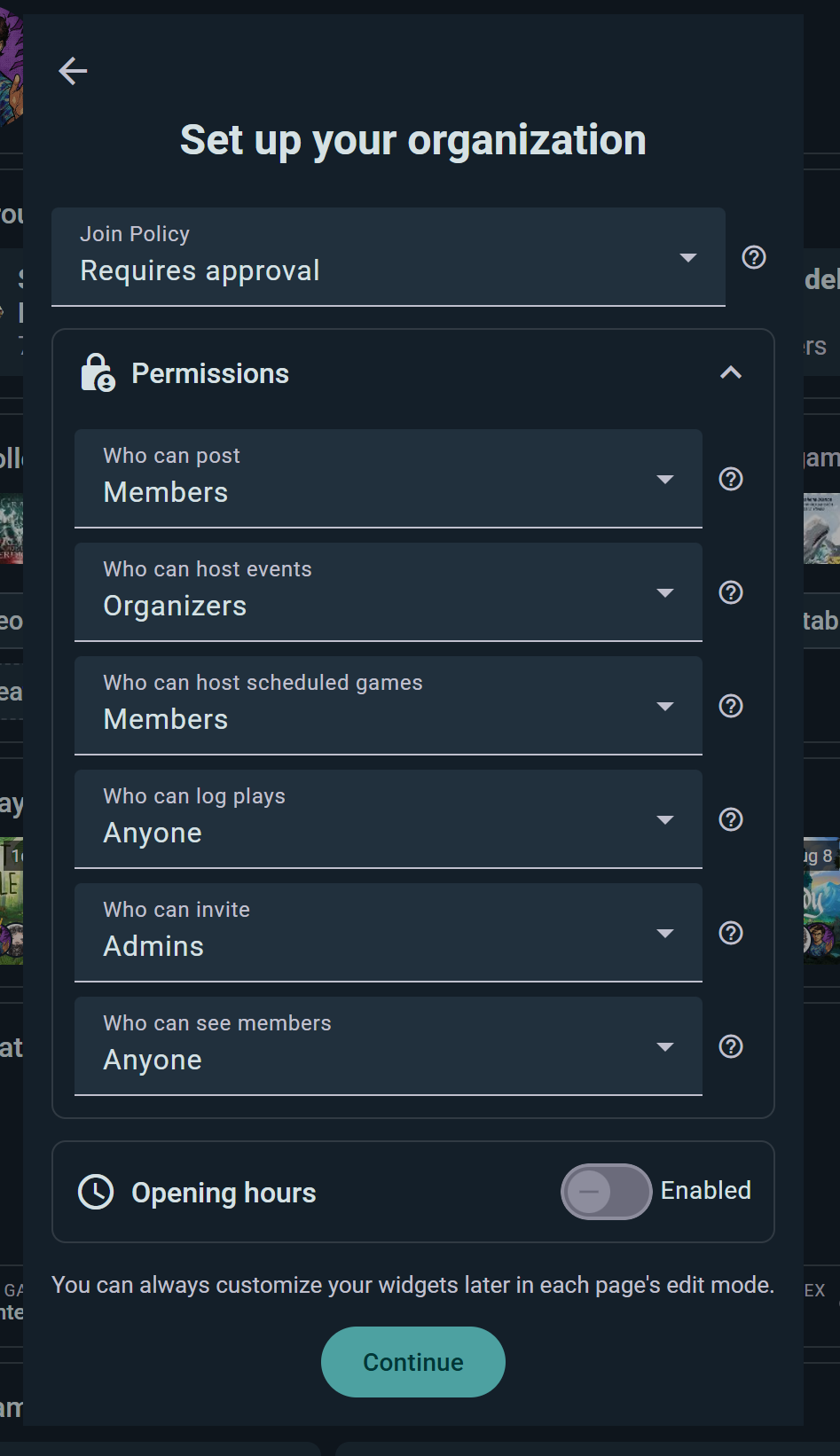 Per-action permission dropdowns for a community