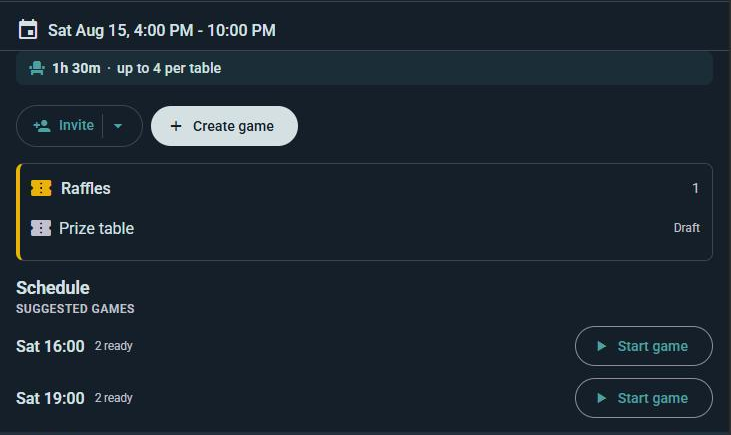 Propose mode: Ludoya lists ready-to-go games ("2 ready") and the organizer taps Start game to confirm each one