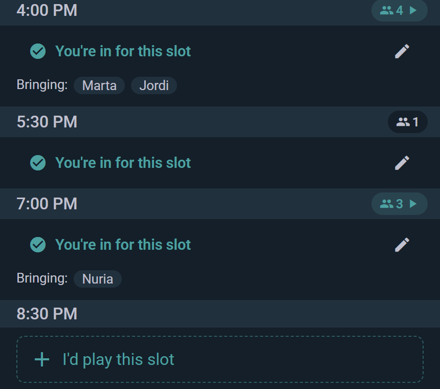 The slot timeline: each slot shows how many players are pooled; tap in, bring companions, or add yourself with "I'd play this slot"