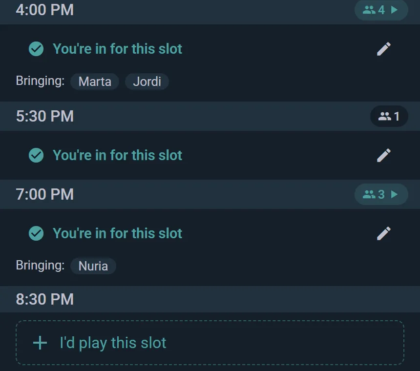Booth time slots, with players signed in and bringing friends
