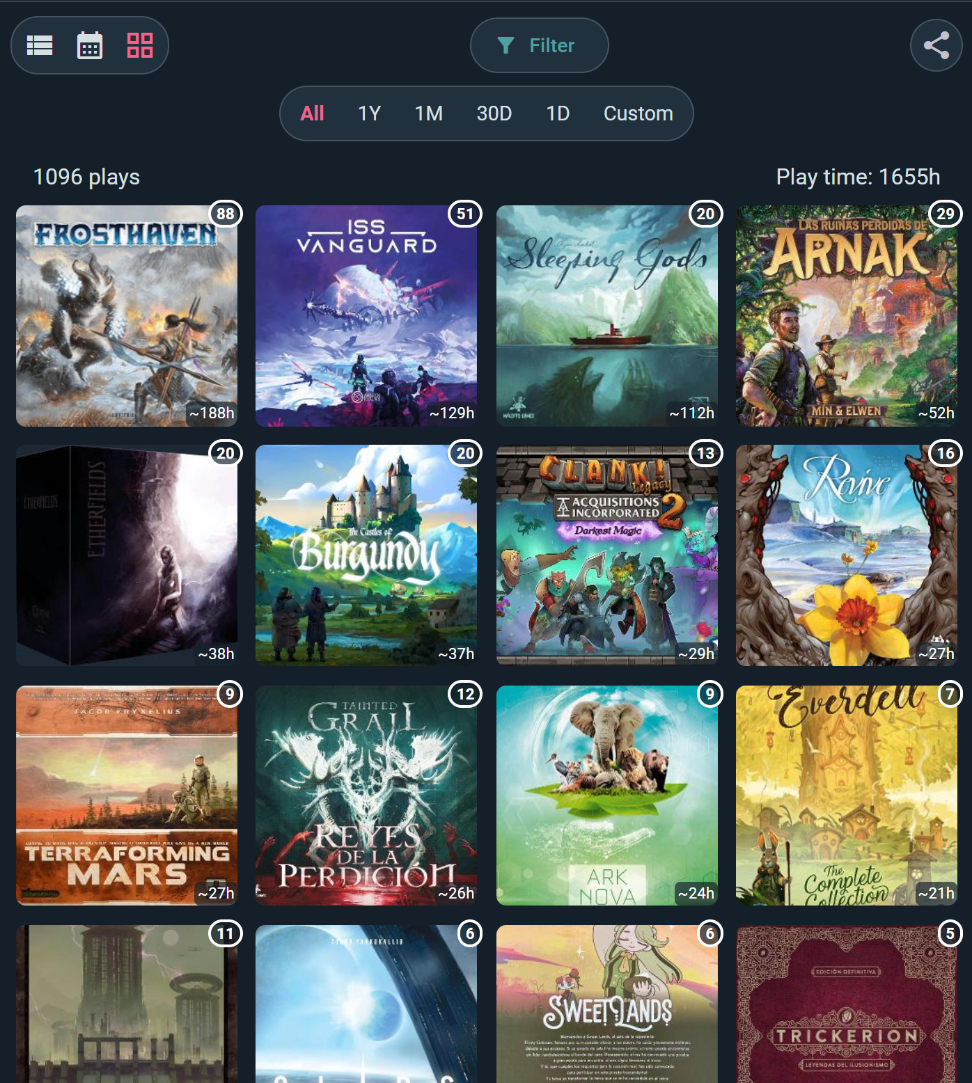 Grid view: box art tiles with play counts and total hours per game