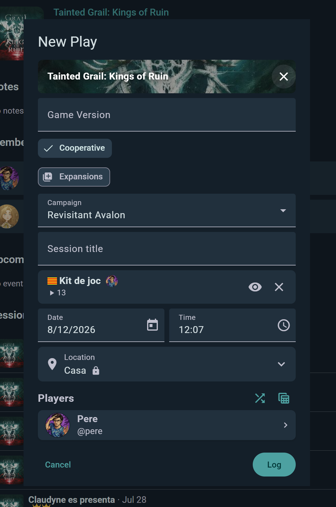 The New Play dialog: game, date, time, location and players in one form