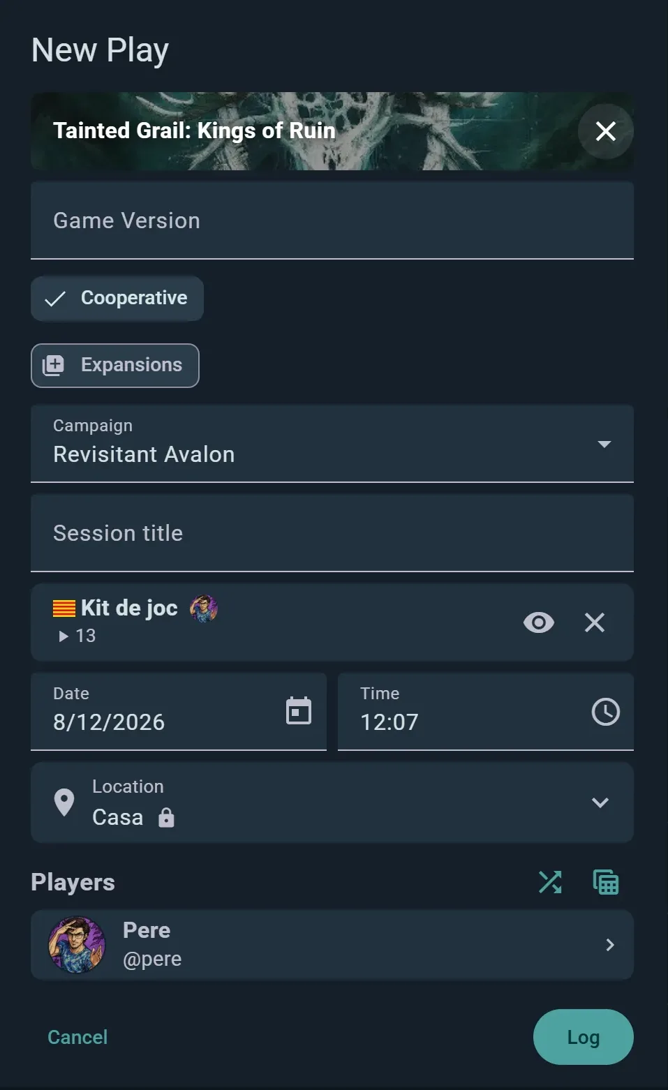 The log-a-play dialog with game, players and scores