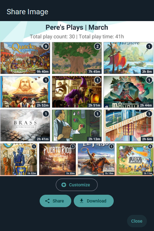 Monthly play summary showing title, totals, and game grid