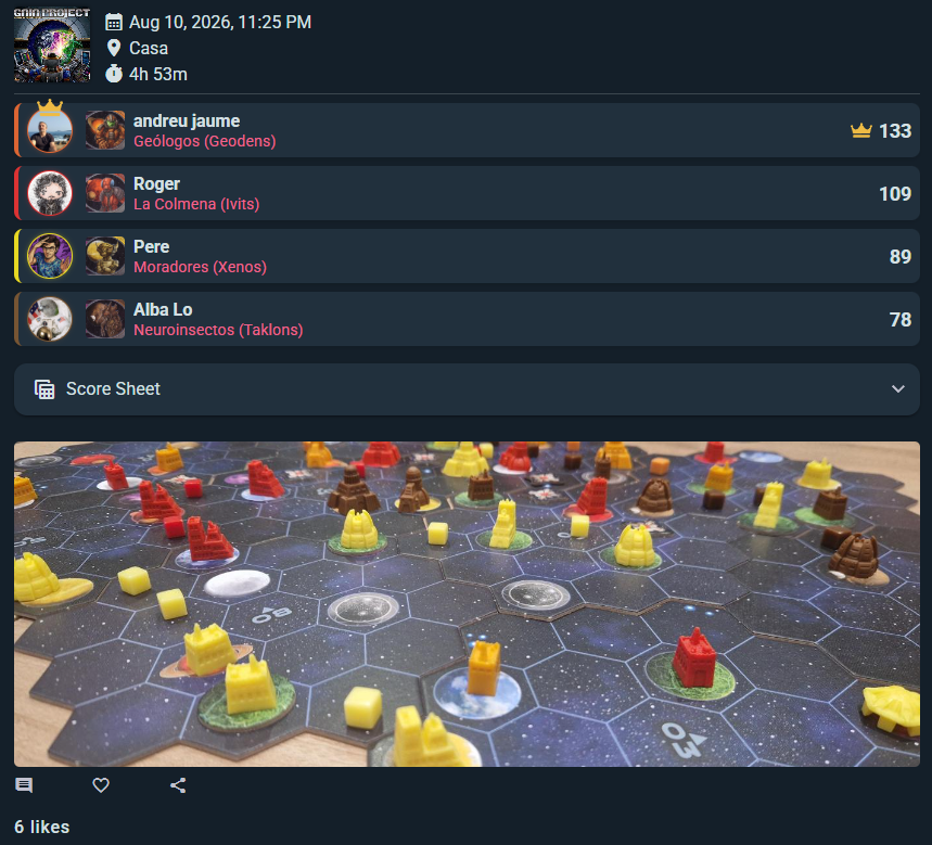 A logged play: game, date, location, and players with factions and scores