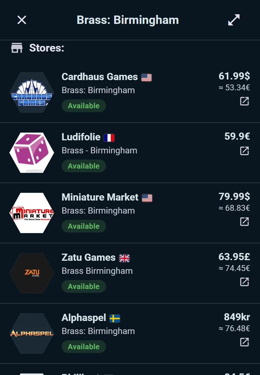 Brass: Birmingham priced across shops in six countries, converted to euros, with stock chips