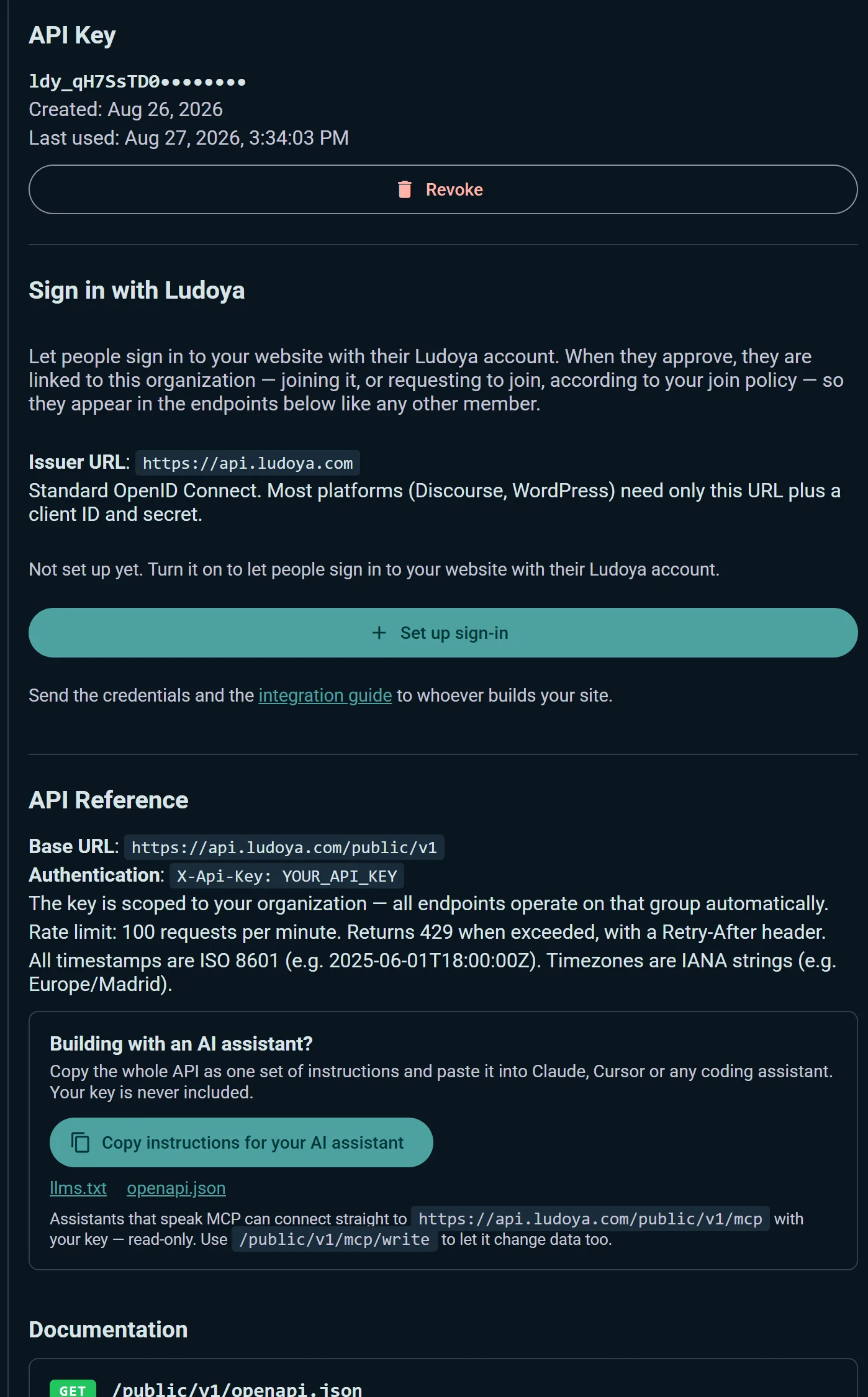 The API console: a scoped ldy_ key, OpenID Connect sign-in setup, base URL, rate limits, llms.txt and the MCP endpoint