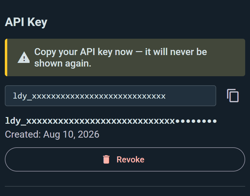 A freshly generated API key, shown once with a copy button and a Revoke action