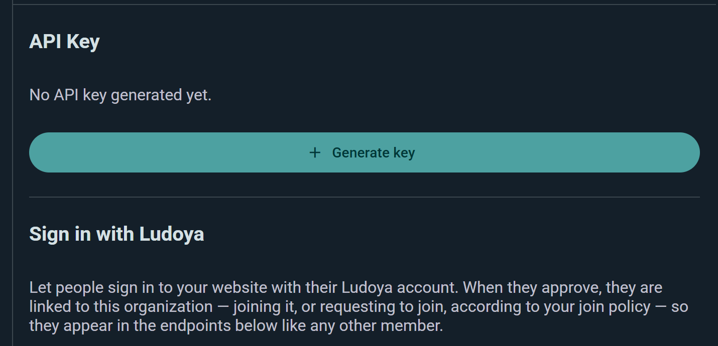 The Public API page: generate an organization API key, and turn on Sign in with Ludoya