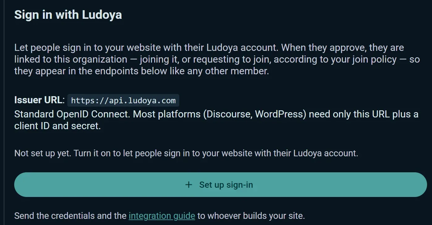 The Sign in with Ludoya section: the issuer URL standard OpenID Connect needs, and the set-up action beside it