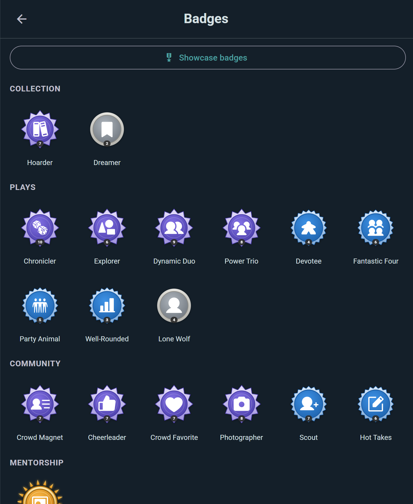 A player's earned badges, leveled and grouped by category