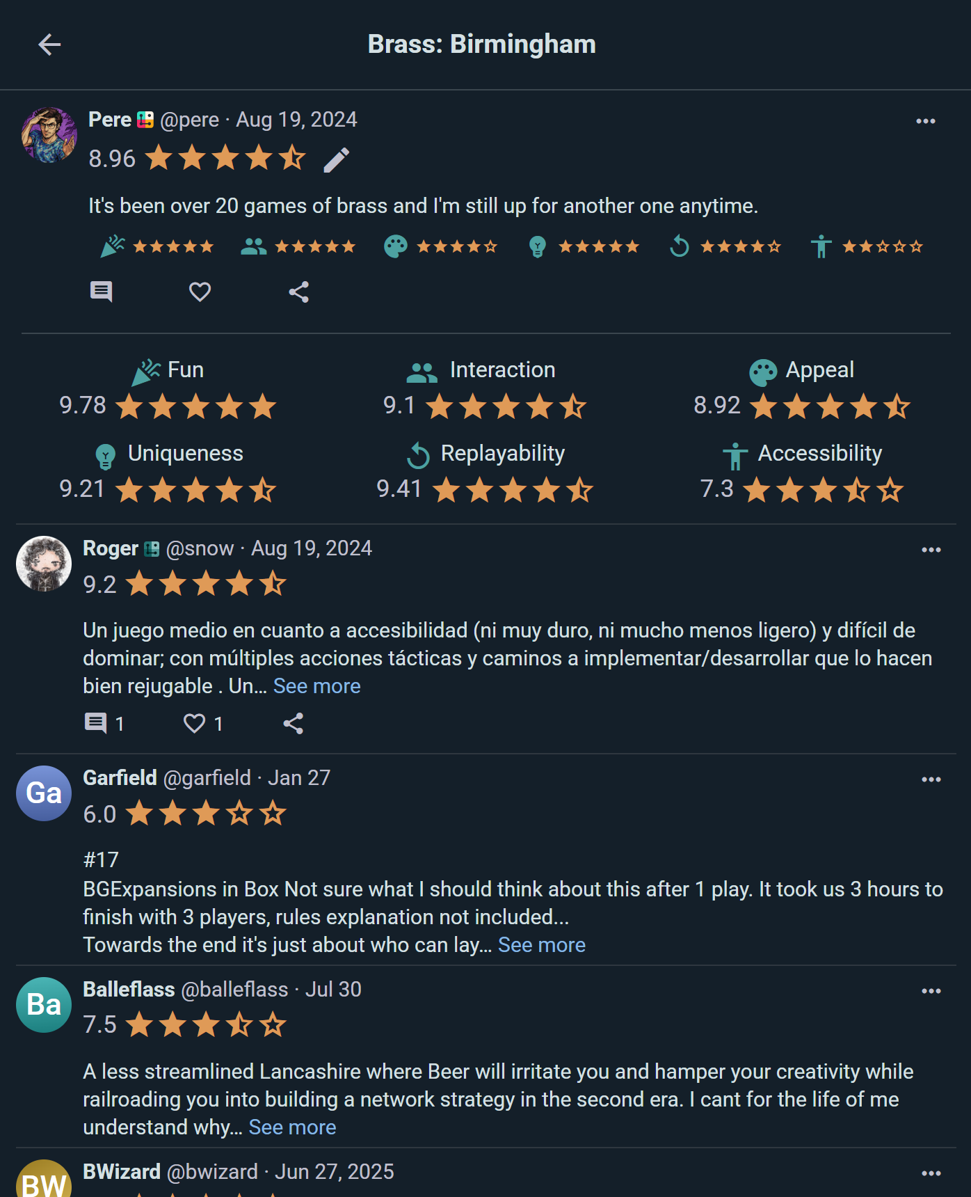 A game's reviews: your rating, category averages, and the community's reviews