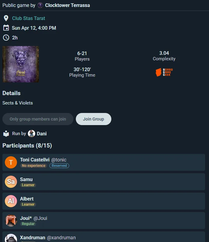 A Blood on the Clocktower table: run by a named teacher, 8 of 15 seats taken, players tagged Learner and No experience