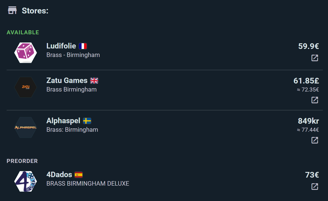 One game's store offers: shops with flags, prices converted to your currency