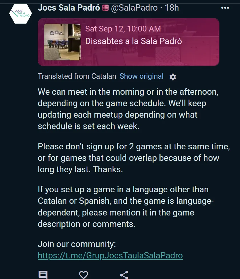 A Catalan club post shown in English, marked Translated from Catalan