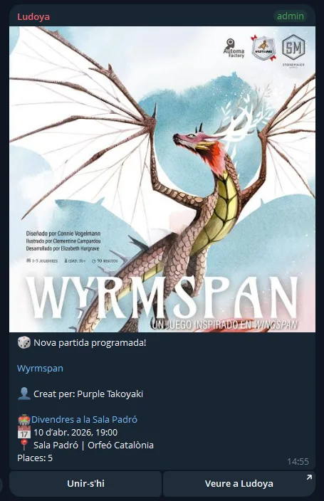 The Ludoya bot posting a scheduled game into the club's Telegram channel, with Join and View buttons