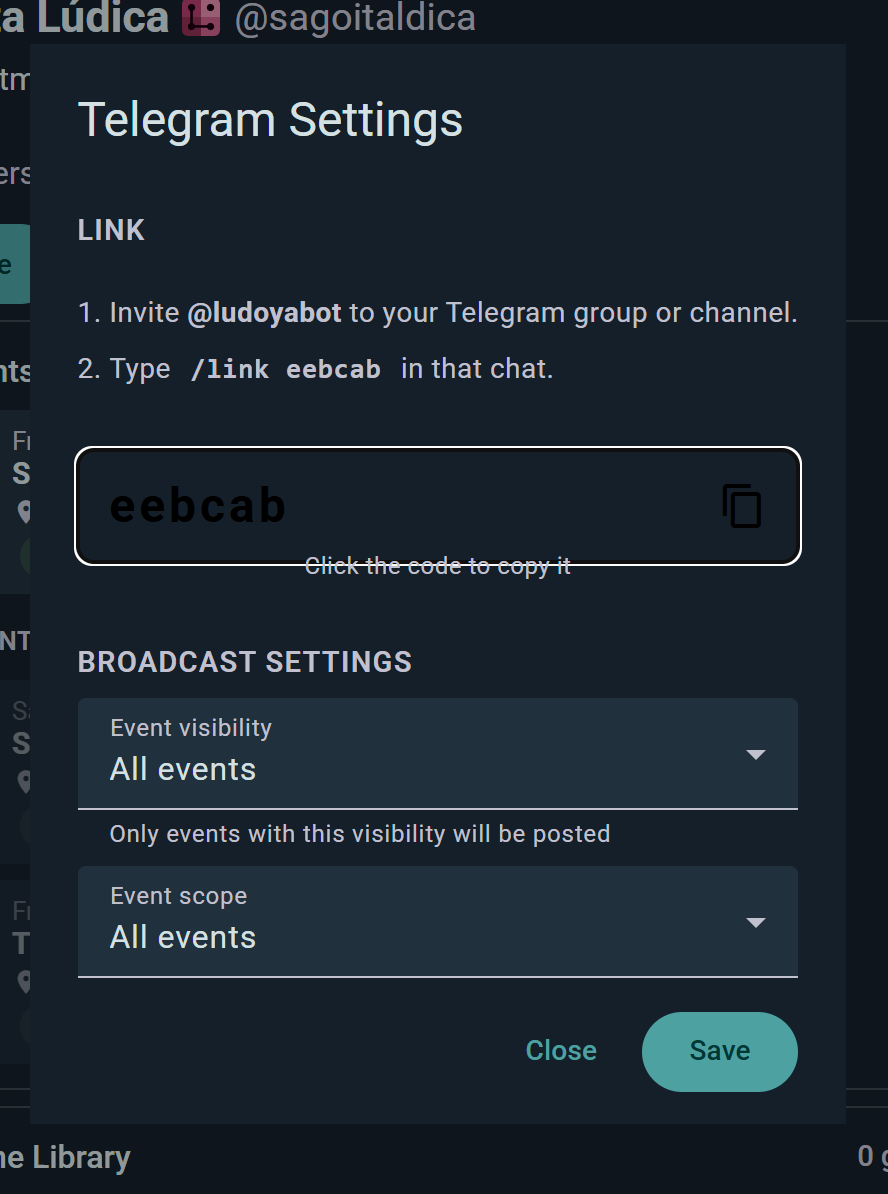 Telegram settings: the link code to paste into your chat, plus which events get announced