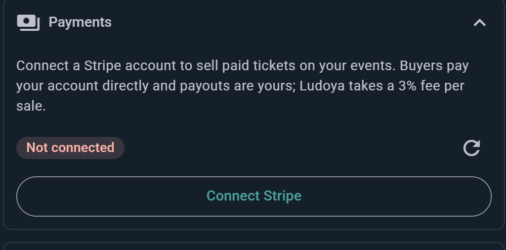 The Payments section in Organization Setup: connect Stripe to sell tickets, with the connection status shown